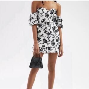 Anthropologie Off the Shoulder Floral Black and White Embroidered Dress size 10